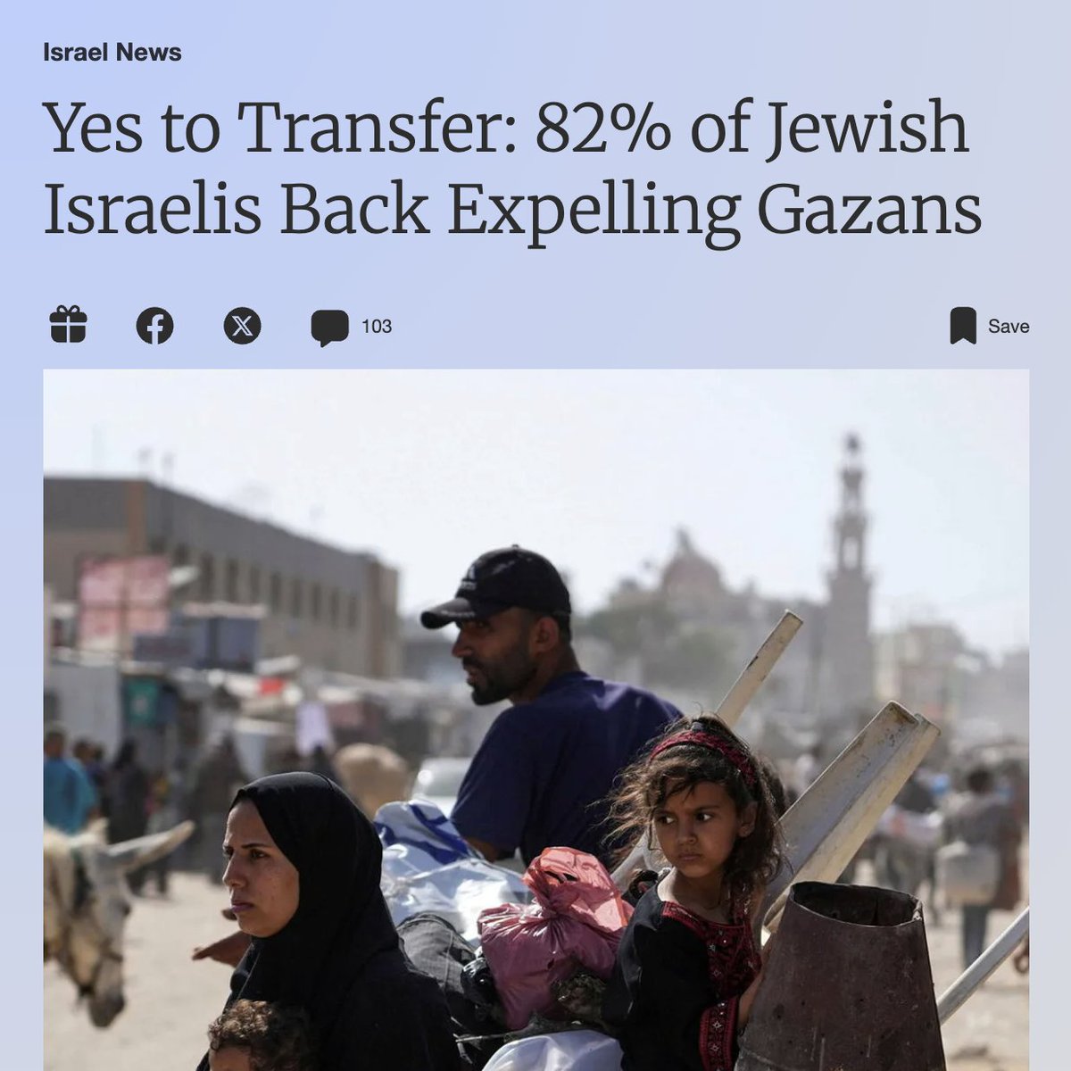 _ZachFoster's tweet photo. The plan to eradicate Palestinian life in Gaza:

Year 1 deportations: 250,000 Palestinians
Year 2-3 deportations: 750,000 Palestinians
Year 3-7 deportations: 900,000 Palestinians

Friendly reminder that 82% of Jewish Israelis support the idea. https://t.co/s1I6eWraGt