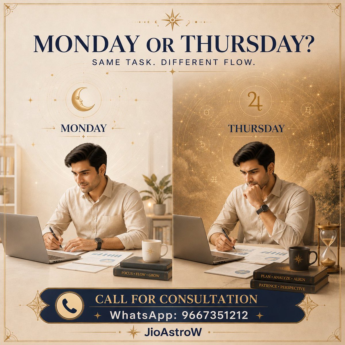 manitvverma1's tweet photo. एक ही काम Monday को आसान और Thursday को heavy क्यों लग सकता है?

क्योंकि हर Vaar की अपनी planetary nature होती है.

Same task.
Same person.
लेकिन flow बदल सकता है.

Panchang सिर्फ शुभ-अशुभ दिन नहीं बताता—वो ये भी समझने में मदद करता है कि किस दिन कौन-सी energy naturally support कर रही है.

Personal Consultation
WhatsApp: 9667351212

#Panchang #Vaar #Astrology #JioAstroW #VedicAstrology