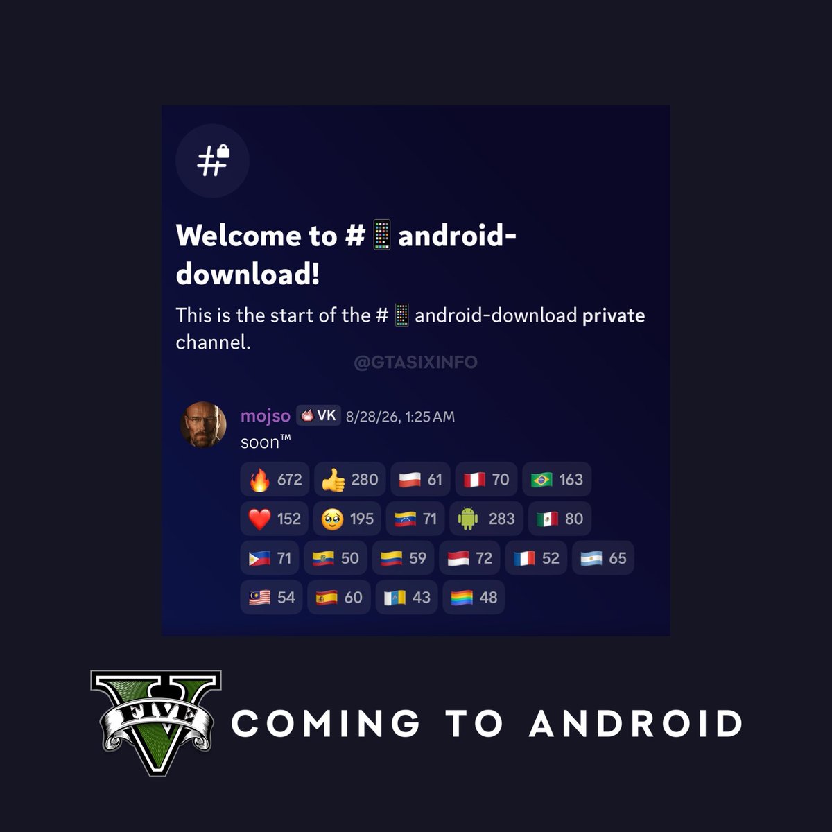 GTASixInfo's tweet photo. GTA V is coming to Android through an unofficial native port.

The developer behind the Nintendo Switch port is now bringing the game to Android, where it will run natively without an emulator. https://t.co/c0tTqTzv44