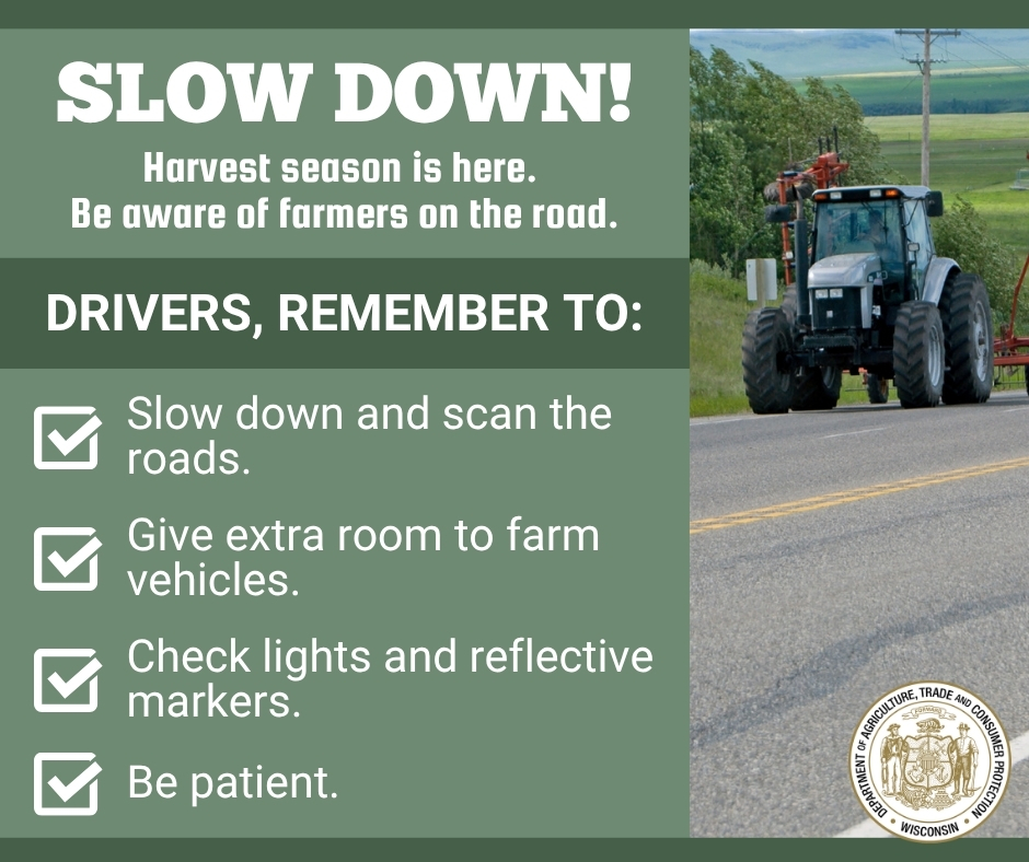 widatcp's tweet photo. Scan the roads, slow down, and be patient when approaching farm vehicles and give them extra room.

It’s illegal to pass agricultural equipment in a no-passing zone. When legally passing, consider the possibility of the farm vehicle turning left into a roadway or field entrance. https://t.co/bIbYrEZce2