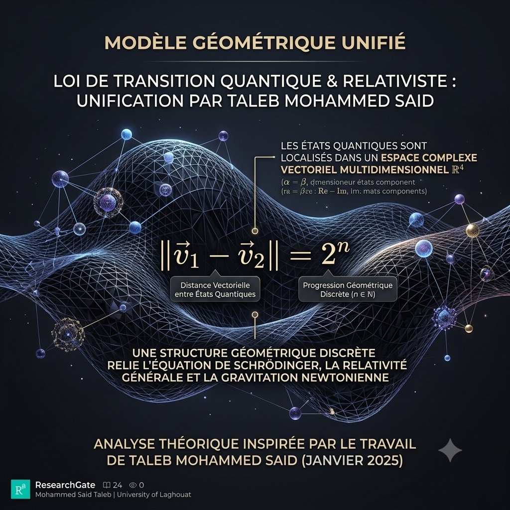 talebmedsaid's tweet photo. 🔬 **جديد ا��فيزياء النظرية!** اكتشفوا بحثي حول النموذج الهندسي الموحد للانتقالات الكوانتية والنسبية.
📐 رؤية جديدة تربط بين معادلة شرودنغر، نسبية أينشتاين، ونظرية الأوتار عبر فضاء متعدّد الأبعاد. https://t.co/W0KfYsC88k