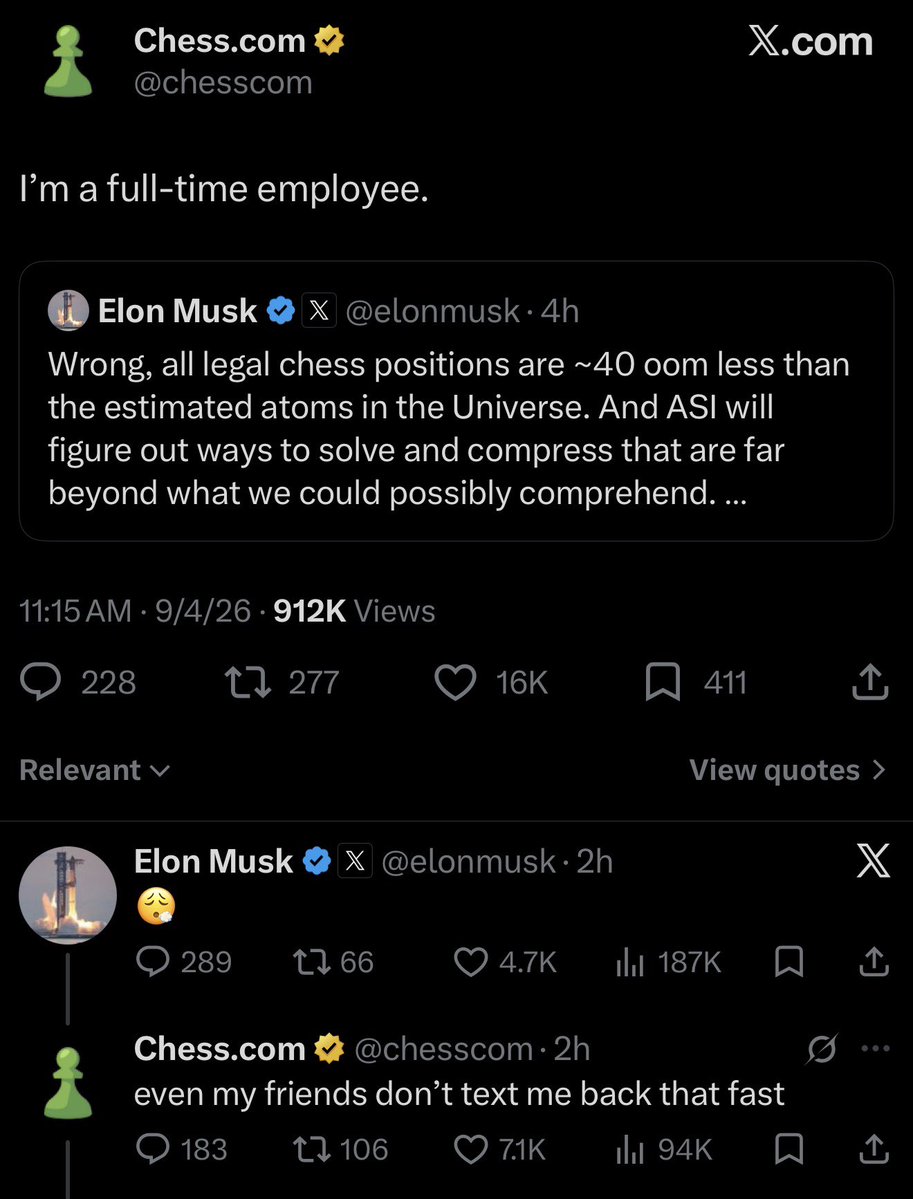 PathfinderFacts's tweet photo. Woke up today to see the official chess website bullying Elon Musk 😭😭 https://t.co/UzeE2nOnwI