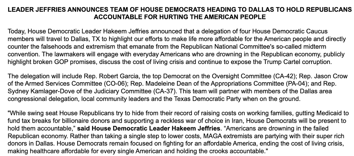 maxpcohen's tweet photo. Jeffries announces a group of House Dems will head to Dallas to counter-program the GOP midterm convention

-Robert Garcia
-Jason Crow
-Madeleine Dean
-Sydney Kamlager-Dove https://t.co/h8pZevj0Xm