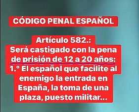 Rober_Alcaz's tweet photo. Según el Código Penal Español será castigado con penas de cárcel de 12 a 20 años.:  "El español que facilite al enemigo la entrada en España, la toma de  una plaza, puesto militar, buque o aeronave del Estado o almacenes de  intendencia o armamento"
Calienta, Pinocho, que entras. https://t.co/V5T3LMOIE5