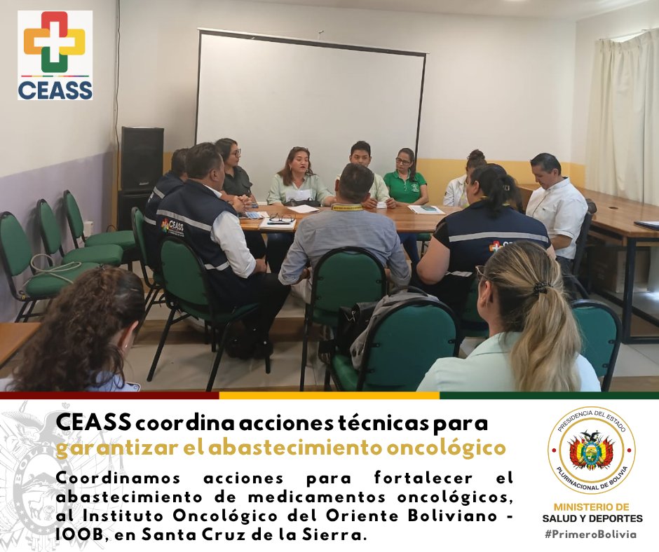 CeassBolivia's tweet photo. CEASS COORDINA ACCIONES PARA FORTALECER EL ABASTECIMIENTO DE MEDICAMENTOS ONCOLÓGICOS 💊
La Central de Abastecimiento y Suministros de Salud CEASS llevó adelante una reunión de coordinación con las mesas técnicas del Instituto Oncológico del Oriente Boliviano-IOOB, en Santa Cruz. https://t.co/ypHvShcF3J