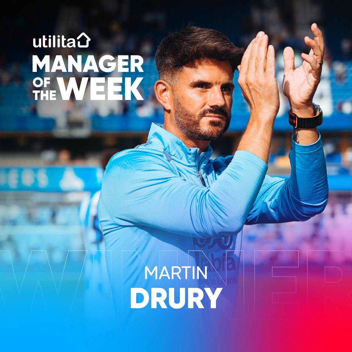 UtilitaFootball's tweet photo. 𝗨𝘁𝗶𝗹𝗶𝘁𝗮 𝗠𝗮𝗻𝗮𝗴𝗲𝗿 𝗼𝗳 𝘁𝗵𝗲 𝗪𝗲𝗲𝗸 🏆

Congratulations to @htafc boss Martin Drury on winning the Utilita Manager of the Week award, for his side's impressive week of results, including a 1-2 comeback win away at Cambridge United 👏

Voted for by Utilita Football followers!

#htafc 💙