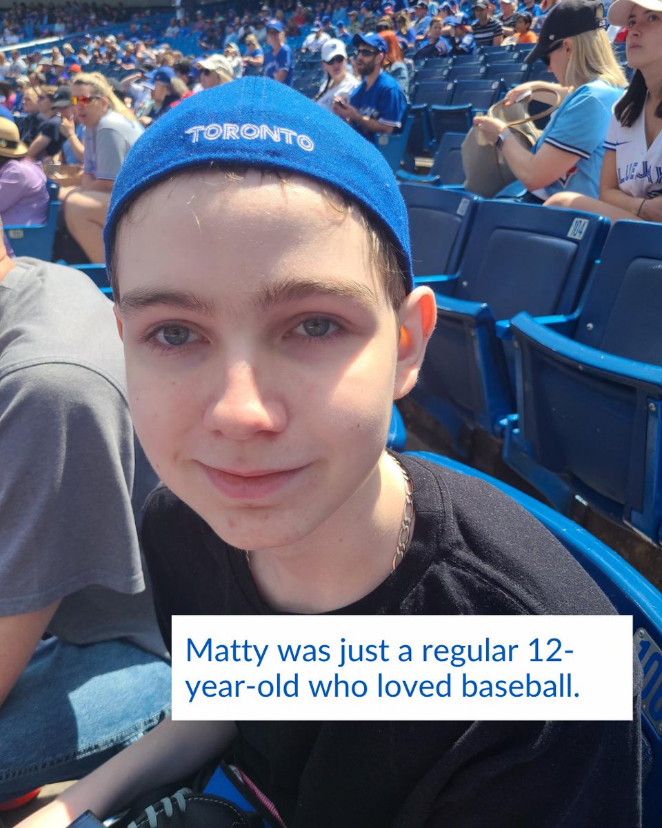 MakeAWishCA's tweet photo. At 12 years old, a rare brain tumour changed his life. But there was one thing he never stopped thinking about: baseball. Alongside his treatment, his doctor prescribed one more thing: Throw the first pitch at a @bluejays game!⚾

#childhoodcancer #torontobluejays #makeawish https://t.co/iZPCWQDnFD