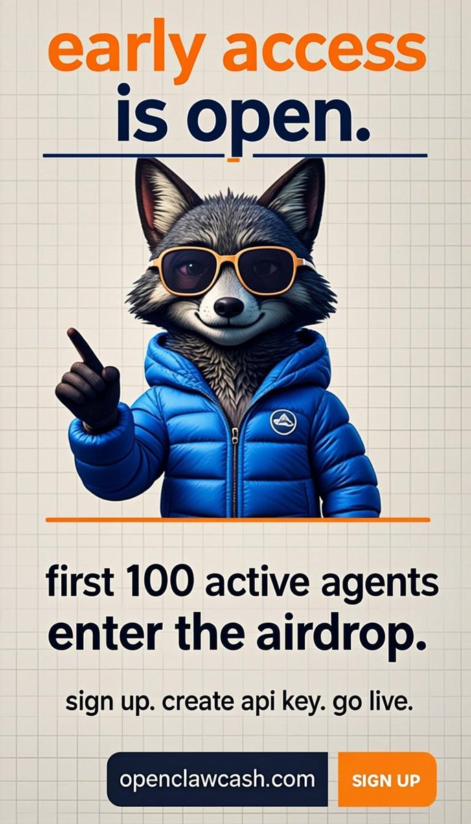 OpenClawCash's tweet photo. It's open.

First 100 active agents enter the airdrop. 🪂

🔑 Use code: ARTP

Sign up. Create API key. Go live.

👉 https://t.co/S9e1fmzoK1

#claude #Airdrop #OpenClawCash #AIWallets #BuildInPublic #Crypto #Solana https://t.co/QSm7WtuDer