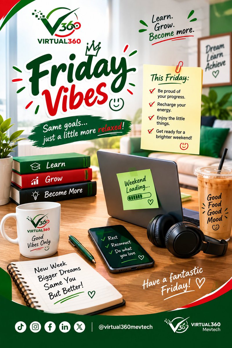 Mevtech360's tweet photo. Friday Vibes! 🎉💚❤️
We made it through another week! 🙌🏽
Before you rush into the weekend, take a moment to celebrate your progress, recharge your energy, and enjoy the little things. ✨
The goals are still there, but today? Good vibes are allowed! 😎
What’s your Friday mood? 👇🏽 https://t.co/XS3W4IjqBi