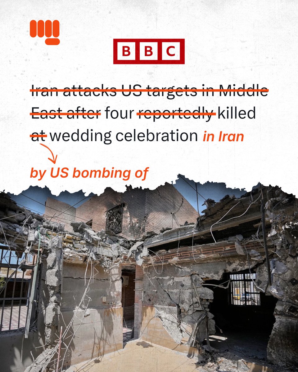 sov_media's tweet photo. BBC headlines continue to trigger outrage from social media users, with the latest being one that accompanied a report on a US mis*ile strike that hit a family home in Kuhestak, southern Iran that k*lled four people, including a child, at a wedding celebration.

Inverting the aggressor and the victim, the BBC's headline read: "Iran attacks US targets in Middle East after four reportedly killed at wedding celebration."

Anti-imperialist commentators dismantled the deceptive narrative structures employed, highlighting how the BBC's obscuring of the perpetrator of the wedding bombing resulted in framing that implicitly casts Iran as the primary aggressor, while masking a fatal American attack behind passive voice and deflection.

"How the BBC reports the US bombing a wedding in Iran," wrote rapper and journalist Lowkey, in an X post that generated over 6,000 shares.

"Pay attention to how propaganda is constructed," wrote Alan MacLeod, a senior staff writer at MintPress.

"The US just deliberately bombed an Iranian wedding party, but somehow the BBC has managed to make Iran sound like the aggressor," he added.

Other social media users widened their criticisms to condemn the BBC as an institution.
"The BBC is completely owned by Isr*el," alleged @Fx1Jonny.

Accusing the mainstream media of being participants in the G*za gnocide and the illegal war against Iran, user @SiennaSnowQueen called out the framing tactics of legacy journalists who "haven't woken up to the fact that people see [their] tricks".

This is why a more appropriate headline would be: "Four k*lled by US bombing of wedding celebration in Iran"