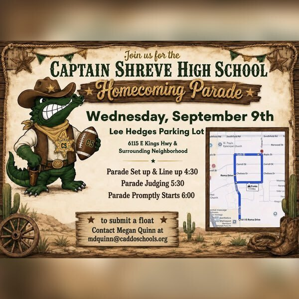 CSHSGators's tweet photo. This year's homecoming parade rolls from the Lee Hedges Stadium parking lot at 6:00 on Wednesday, 9/9.  Lineup begins at 4:30, float judging at 5:30. See you there! https://t.co/rTO2QTkmi4