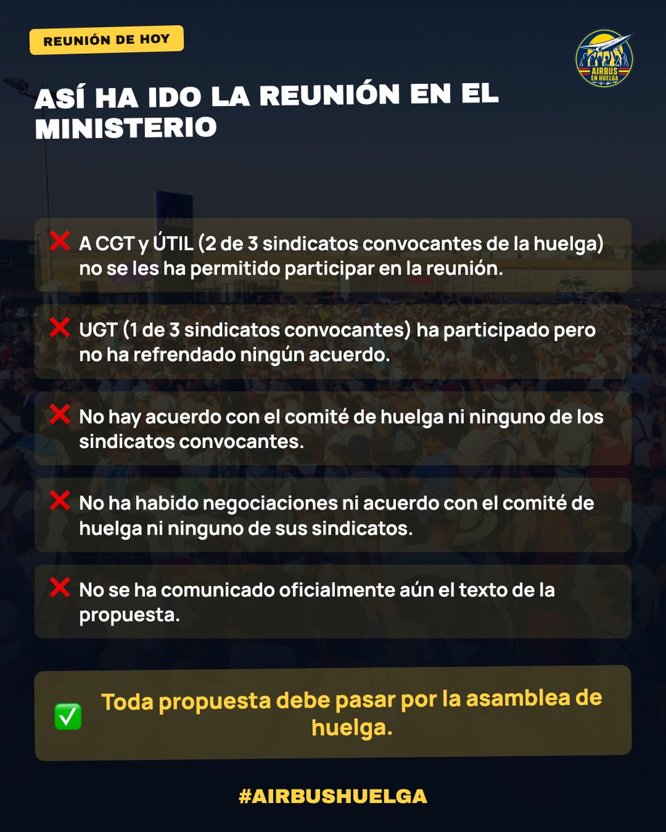 airbusenhuelga's tweet photo. Hoy, los sindicatos de Airbus han sido convocados por el Ministerio de Industria junto a la empresa. Estos son los hechos que han ocurrido ahí.
❌ CGT y UTIL (2 de 3 sindicatos convocantes) pese a asistir a la convocatoria, no han podido participar en la reunión.
#AirbusHuelga https://t.co/haQBDcNxti