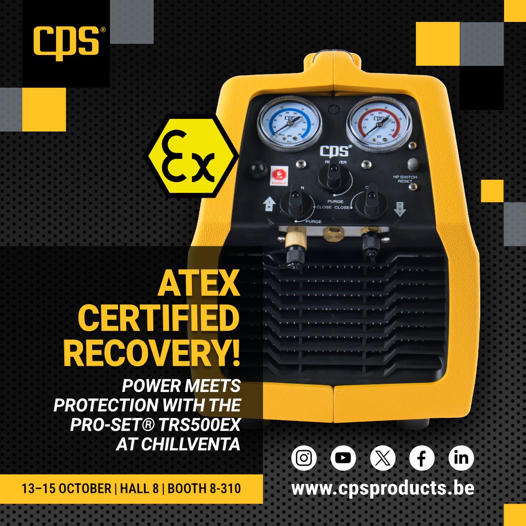 CpsProductsEu's tweet photo. Power meets protection at Chillventa. ❄️ Discover the ATEX-certified Pro-Set® TRS500EX engineered for safe, efficient refrigerant recovery in a compact package.
► https://t.co/1Ni13i4CXK
#Chillventa #Chillventa2026 #HVACR #Refrigeration #AirConditioning #HVACTools #HVAC https://t.co/ew13bsDmqW