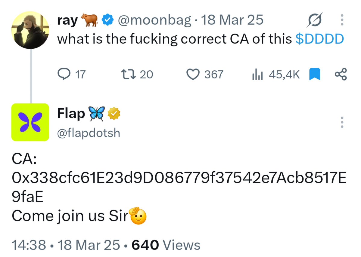 levi_retardio's tweet photo. 🚨 I HAVE A THEORY ABOUT $DDDD
What if the original $DDDD was actually created by, or closely connected to, the Flap team / @eth_cedric ?
Here’s why 👇
1️⃣ Yi He — Binance co-founder — is bringing DDDD back
She’s now openly talking about the “DDDD” meme and literally says she’s posting it everywhere:
“Learn MEME, understand MEME, become a MEME.”
But DDDD isn't new.
2️⃣ Go back to March 18, 2025.
@eth_cedric — founder of @flapdotsh — publicly posted:
“Intern testing again… Aped some DDDD (ticker $DDDD) on @flapdotsh.”
👇 Proof in the screenshot.
3️⃣ Then it gets even more interesting.
Someone asked:
“what is the fucking correct CA of this $DDDD”
And who answered?
@flapdotsh itself.
They posted this exact CA:
0x338cfc61E23d9D086779f37542e7Acb8517E9faE
“Come join us Sir 🫡”
👇 Second screenshot.
So we have:
→ A $DDDD launched through Flap
→ Flap founder Cedric publicly buying/pushing it
→ Flap's official account identifying its CA
→ All of this happening back in March 2025
This makes me wonder whether $DDDD wasn't just a random user launch, but an early Flap team launch.

And Flap has since grown into one of the major memecoin launchpads in the BNB ecosystem.

Maybe it's nothing. Maybe it isn't.
懂的都懂.
#DDDD. 👀🦋 #bnb #yihe