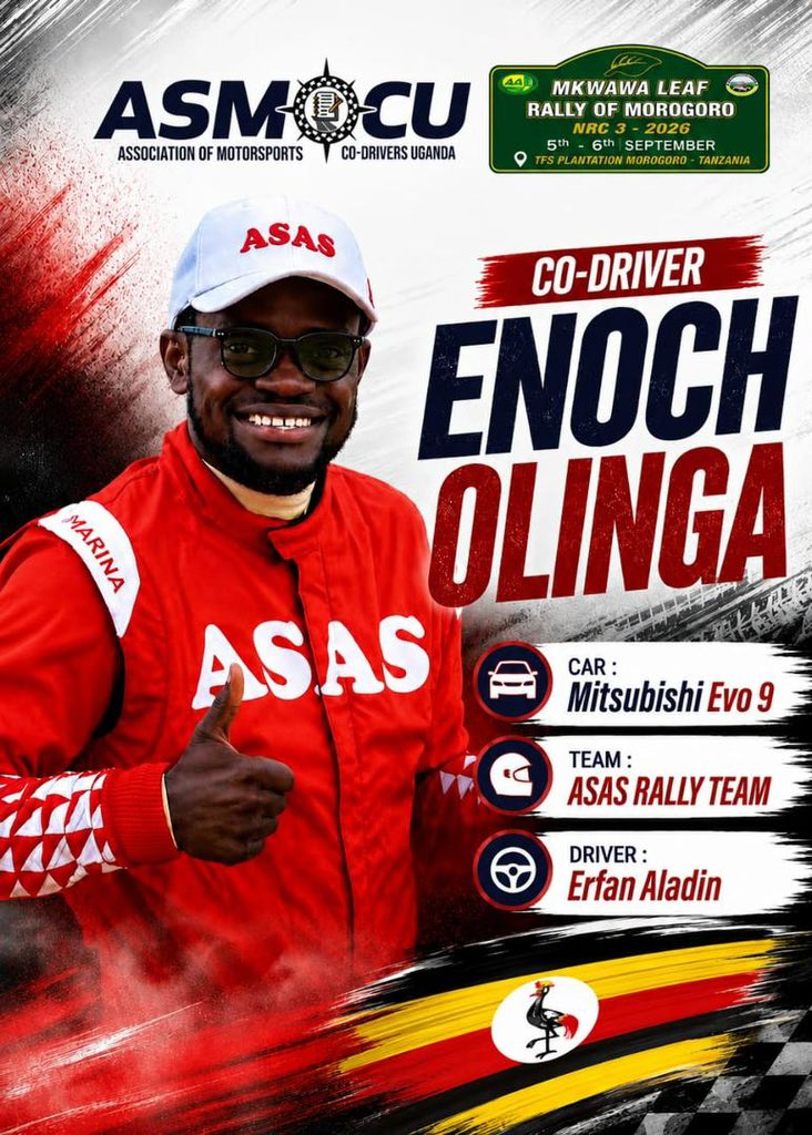 asmocu33322's tweet photo. ASMOCU Technical Delegate &amp; Uganda’s accomplished co-driver Enoch Olinga will be navigating in Tanzania 🇹🇿 this weekend.

You can follow all the action via the  Sportity App: Password “TWENZETUMORO” #rally #motorsport #uganda #tanzania https://t.co/SJbYkdAm0r