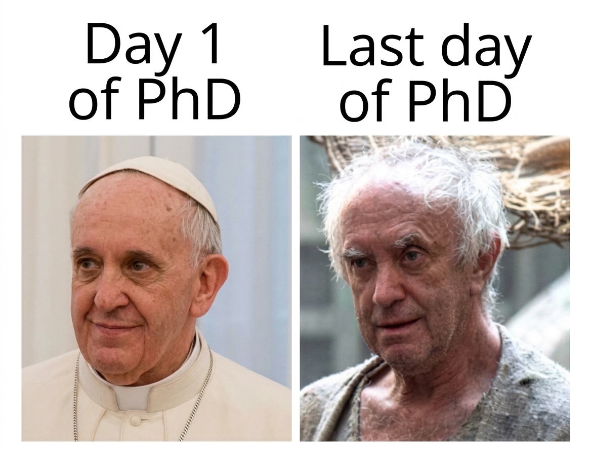 ScholarshipfPhd's tweet photo. Day 1 of PhD vs. Last day of PhD. 👴 https://t.co/6rOlVGrC61