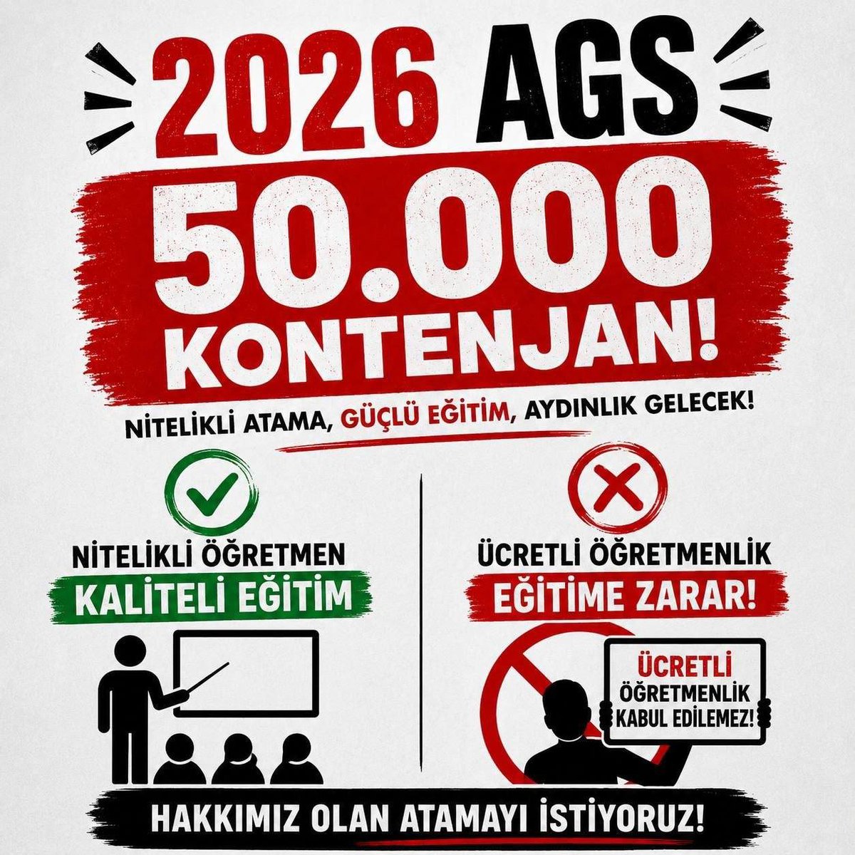 MMusernamee's tweet photo. Bir sınıfın en büyük ihtiyacı nitelikli ve sürekli bir öğretmendir. 2026 AGS’de 50 bin öğretmen ataması eğitim geleceğimiz için güçlü bir adım olacaktır. #ÜcretliyeHayırAGS50Bin https://t.co/u9VPFVZ4tq
