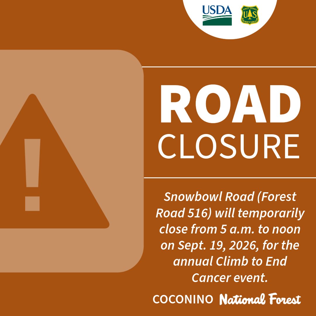 CoconinoNF's tweet photo. Snowbowl Road will temporarily close the morning of Sept. 19 for the annual Climb to End Cancer event.

More information: https://t.co/ztPYiNmd0q https://t.co/6OFU6IRkoh