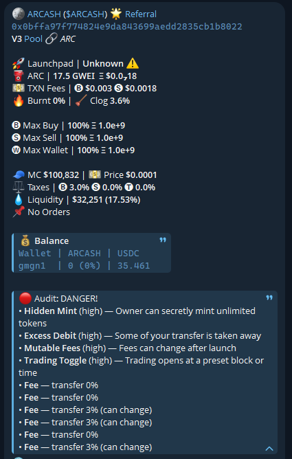 x0Levi0x's tweet photo. @THEARCASH Hi, would you mind addressing these issues flagged by Maestro? I believe you had a reason not to launch through a launchpad, just being curious and cautious as arc is a new chain for me https://t.co/4vKVdpR6I1