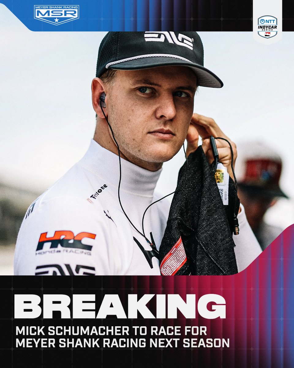 IndyCar's tweet photo. NEWS: BACK FOR MORE!

Mick Schumacher has signed with Meyer Shank Racing for the 2027 season. https://t.co/jGshdYUqox