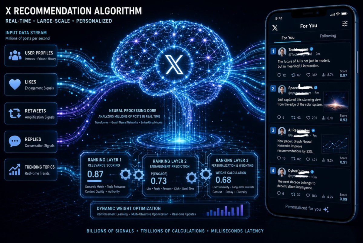Elazitta's tweet photo. While you are reading this topic, updates are happening, and the algorithm is redrawing the map.

𝕏 Recommendation Algorithm.

The system operates in real time, at large scale, and in a fully personalized manner. Everything begins with the Input Data Stream, which processes millions of posts per second. To feed the system, various signals are collected:
• User profiles (including interests.
• Who they follow and history.
• Likes.
• Engagement signals.
• Reposts.
• Amplification signals.
• Replies.
• Conversation signals.
• Trending topics.

All of this data is directed to the Neural Processing Core, which analyzes millions of posts simultaneously using advanced technologies like Transformer, Graph Neural Networks, and Embedding Models. The processing is divided into three main stages.

First layer:
Ranking Layer 1 (Relevance Scoring), which evaluates semantic match, topic relevance, content quality, and account authority.

Second layer:
Ranking Layer 2 (Engagement Prediction) calculates the probability of user interaction, monitoring actions like like, reply, repost, click, and dwell time.

Third layer:
Ranking Layer 3 (Personalization & Weighting) calculates the final weight of the content based on user similarity, long-term interests, context, temporal decay, and diversity of themes.

At the base of the system lies Dynamic Weight Optimization, which utilizes reinforcement learning, multi-objective optimization, and real-time updates to constantly refine the results. This entire structure handles billions of signals and trillions of calculations with a latency of just milliseconds.

The practical result of this ecosystem is displayed directly on the user's phone screen, on the FOR YOU tab, delivering highly personalized posts ordered by relevance, such as posts about the future of artificial intelligence, images of the solar system, or news about neural networks.