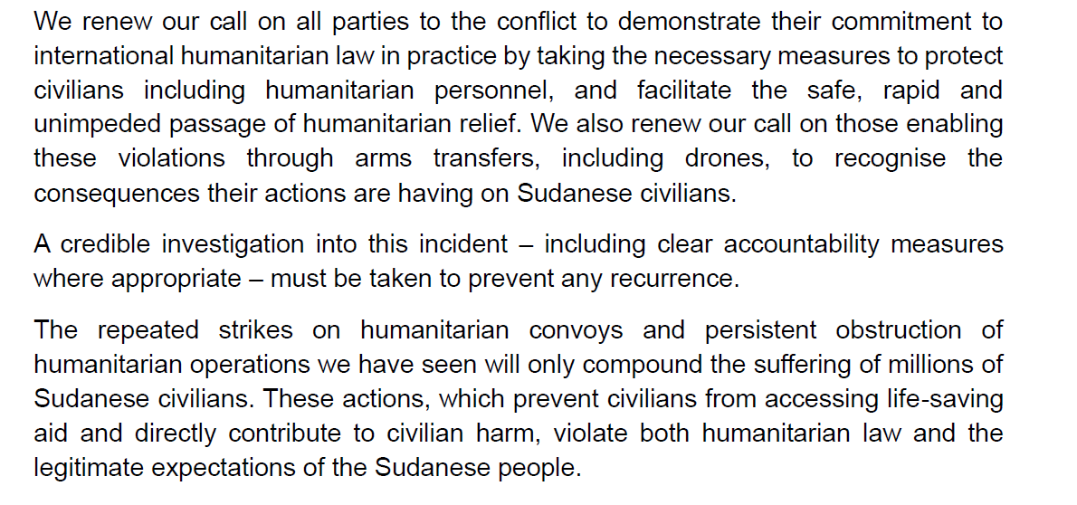 UKinSudan's tweet photo. Joint statement from the Coalition for Atrocity Prevention and Justice in Sudan.  

We join together in condemning the attack on a @WFP_Sudan convoy in Dilling. Targeted attacks on humanitarian personnel are a violation of IHL, and we call for accountability. 

👇👇 https://t.co/gouDrbf41L