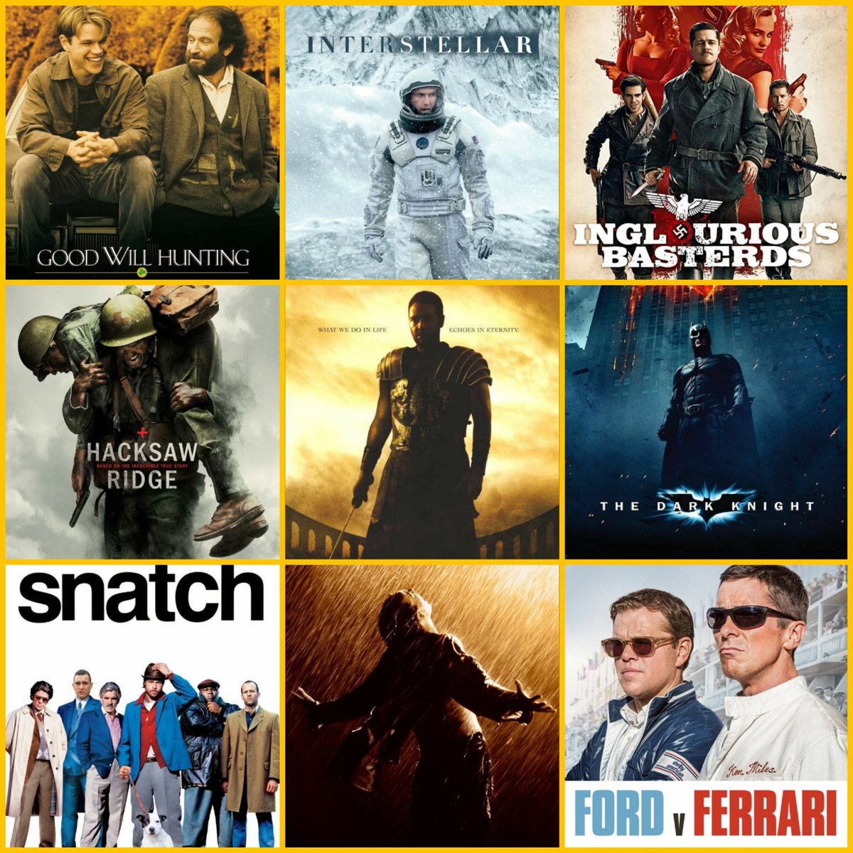ThePrince__01's tweet photo. أفضل 10 أفلام بالنسبة لي: 

1- the godfather 1&amp;2
2- good will hunting 
3- interstellar 
4- inglourious basterds 
5- the dark knight 
6-Haksaw ridge 
7-gladiator
8- the Shawshank redemption 
9-snatch 
10-ford vs ferrari https://t.co/N74Rd5OmW3