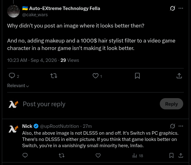 upRootNutrition's tweet photo. Hahaha, don't bullshit me, kid. You straight up took the bait—hook, line, and sinker. There's a reason why you asked for a better example rather than an example that actually includes DLSS5, lmfao. https://t.co/Xq8h2IV9rJ