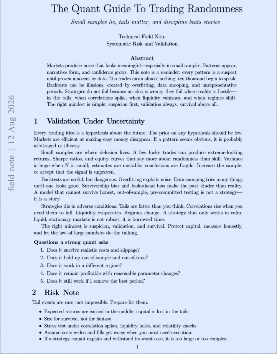 0xTrackmind's tweet photo. this paper is f*cking insane

real quant trading isn't about predicting the next move, it's about stripping away everything that looks like signal until only what actually works survives.

the framework: kill the noise, then isolate the residual, then stress-test the backtest, then size for survival.

randomness fakes skill easily - a smooth curve can be overfit, a hot streak can be luck, a 30-stock "diversified" book can be one giant correlated bet.

real quants don't ask if it looks good. they ask if it survives every attempt to break it.

bookmark before this gets buried.