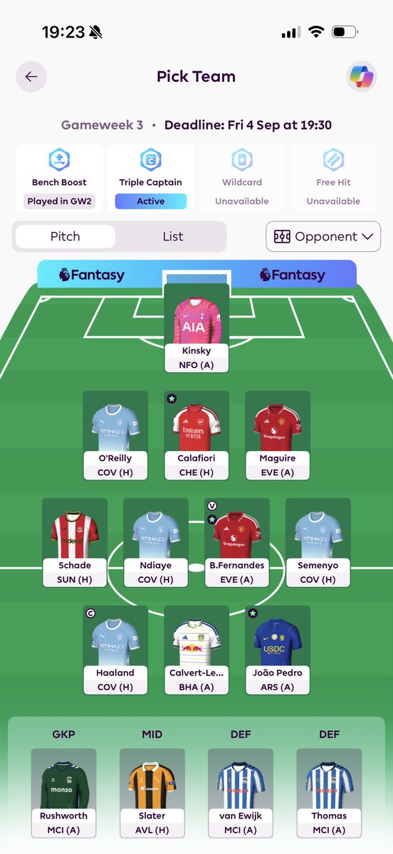 FPLDAMPYAK's tweet photo. GW 3 🔒🔫

Starting Ndiaye despite knowing he’ll be benched. Hoping he will make his mark last 15😉 

Of course, Haaland triple cap 🧢 🧢 🧢 
The best week for it no doubt, and we’re due a Haaland hatty. 

Good luck all and enjoy the Barcola show later😜 https://t.co/MlsLpVEKOW
