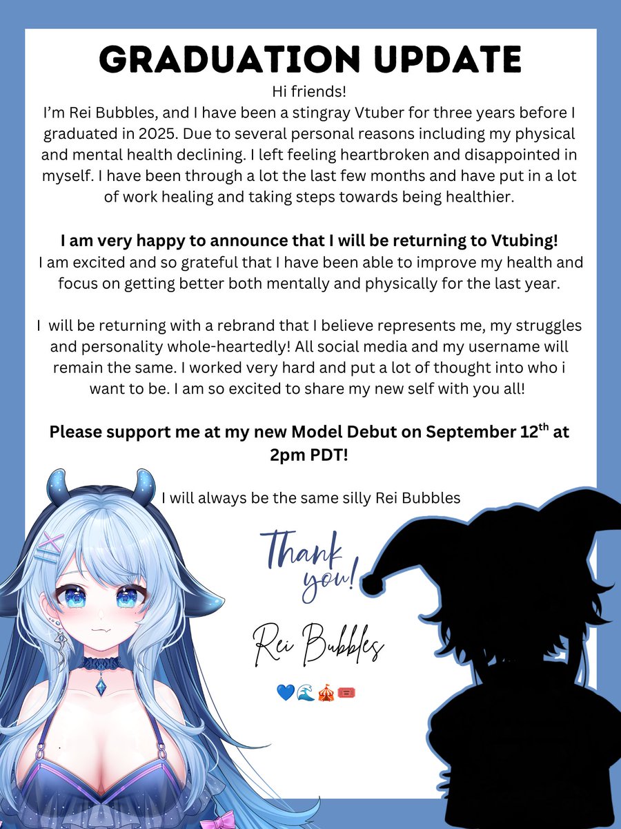 itsreibubbles's tweet photo. [Graduation/Return Update]

Hi friends…. Can’t wait to meet you again! I am so nervous but hope you’ll all accept and support me! 

see you September 12th @ 2pm 

💙🌊🎪🎟️ https://t.co/Q6jYyKOCyK