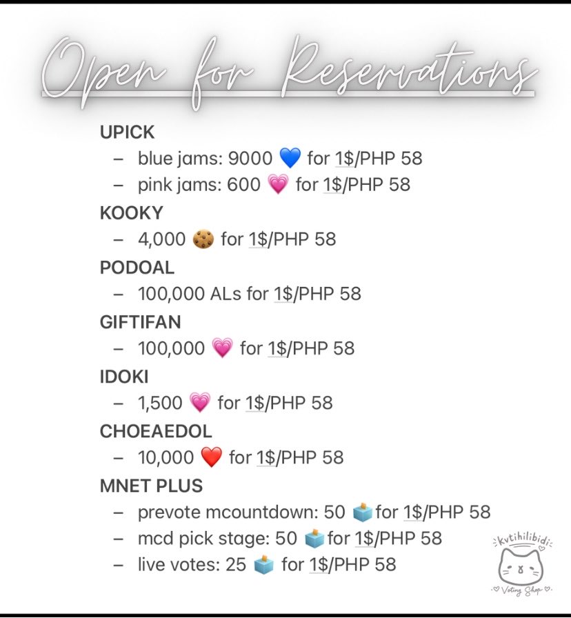 KVTIHILIBIDI's tweet photo. 🐱OPEN FOR RESERVATION🐱

— UPICK
— KOOKY
— PODOAL
— GIFTIFIFAN
— IDOKI
— CHOEAEDOL
— MNET PLUS

DM if interested.
wts wtb lfb

rates below ⬇️ https://t.co/wRcL3IaZ44