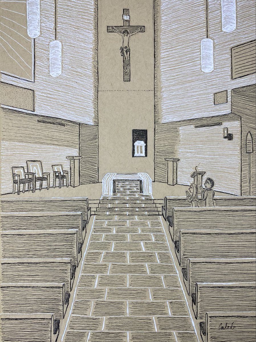 ctbern's tweet photo. Finally getting back to regularly making art after a slower 1-2 weeks! Just finished this commission:

“Prayer In St. Anselm’s”

A customer wanted a version of my “Prayer In A (Mostly) Empty Church” illustration but set in their local parish. Black &amp; white ink on toned tan paper! https://t.co/VC4c5QnUrS