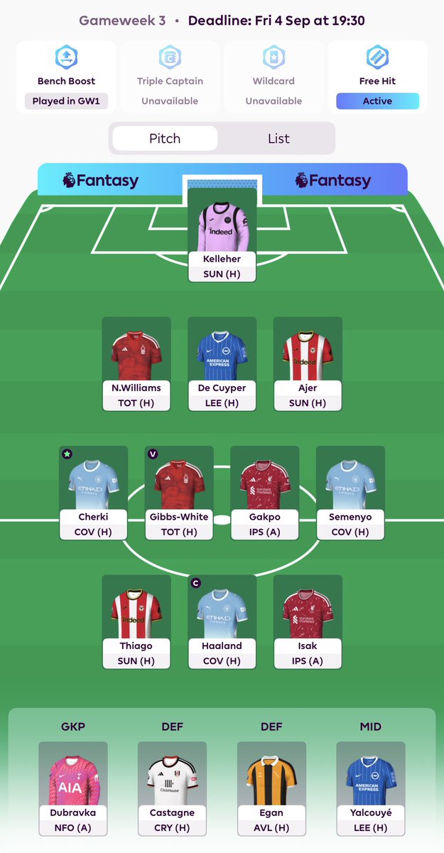 FPLWarteg's tweet photo. GW3 🔒
Free Hit activated! GLHF all 🍀
Mostly CoVar from BRE, NFO, MCI and LIV. Hopefully can compete with the TCers 😳 https://t.co/KbFUYitEVg