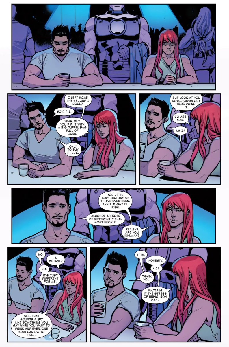 Sorazure15's tweet photo. It’s actually insane how much better Mary Jane is written during Bendis iron man than she was being done during ASM at the time.

What a great scene, Bendis finds that connecting threat between Tony and MJ and executes a heart to heart between them wonderfully https://t.co/CDFaklkPwr