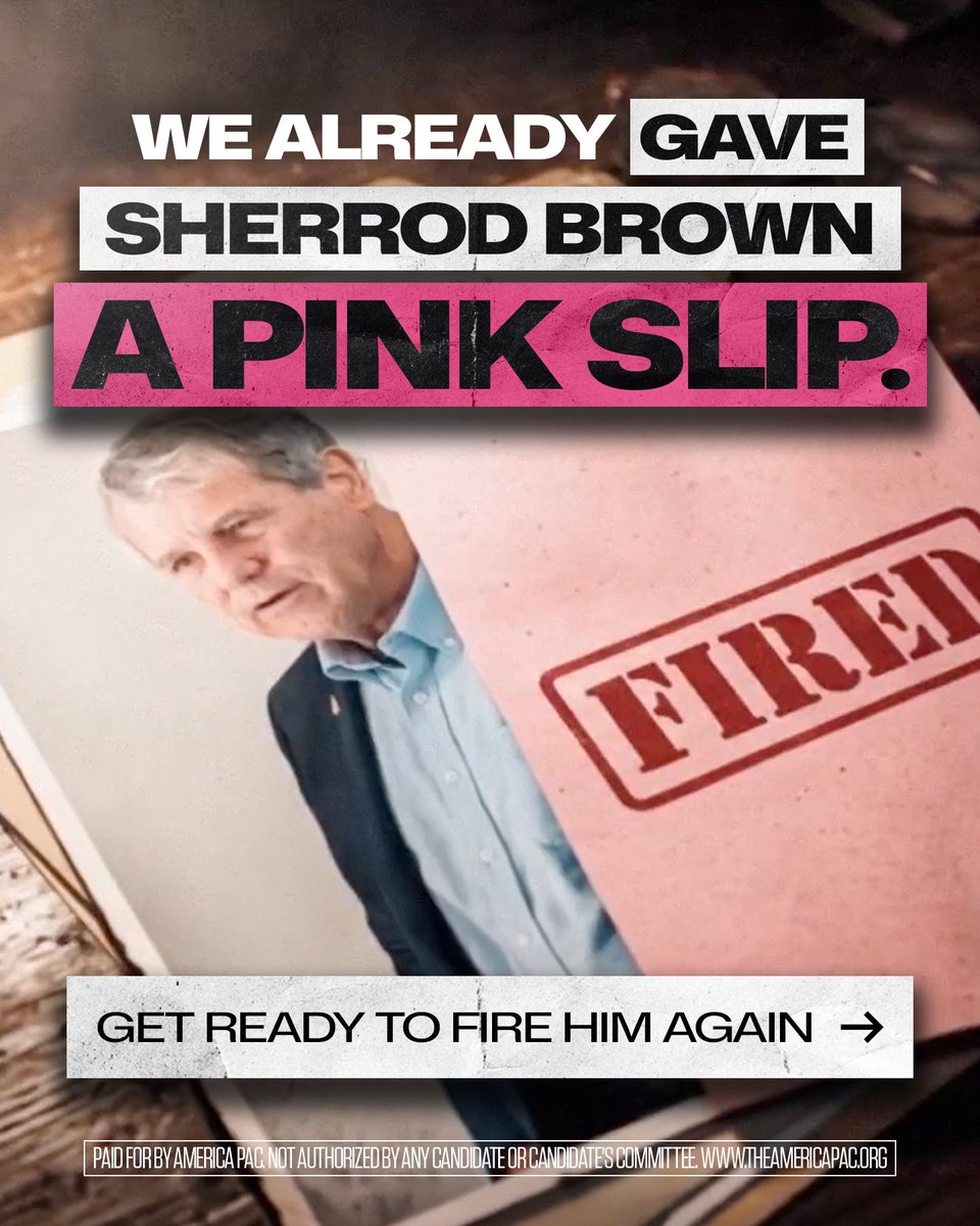 america's tweet photo. Two years ago, we fired Sherrod Brown for putting the radical trans agenda ahead of Ohio values:
Voting to let biological men play women’s sports.
Supporting legislation to let men in women’s locker rooms.
Time to give him another pink slip this November.