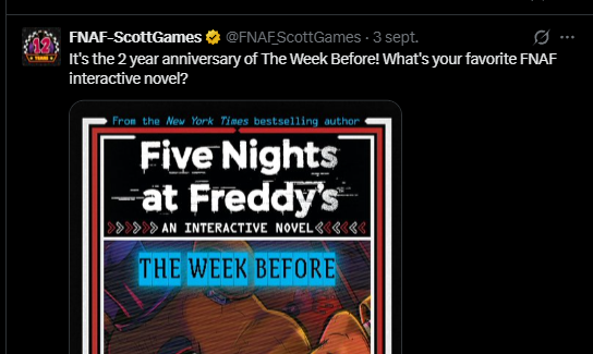 games878787's tweet photo. Noticias FNaF ScottGames!
La cuenta hizo una publicación preguntando cual es nuestra novela interactiva favorita por el 2do aniversario de TWB!

También comparte este arte de Into the Pit de Snartles!! Ojalá lo hagan portada
https://t.co/ghphwzxT63

#FNaF #NoticiasFNaF #FNaFNews https://t.co/iSw7DC5K1L