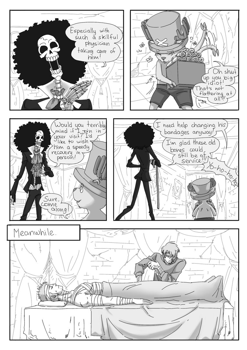 asgardian_arse's tweet photo. Another Interrupted Kisses comic but this time they don’t even have the time to get interrupted! I’m still working on the second part, so stay tuned for that! 
I’m not immune to Post-Thriller Bark shenanigans, feat. Brook and Chopper this time! (1/2)
#zosan https://t.co/4dbd3hsjnU