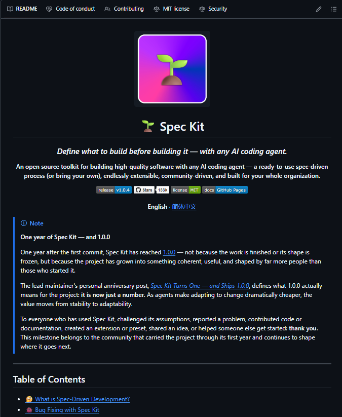 Spec Kit screenshot showing a spec-driven workflow with constitution, specify, plan, tasks, and implement steps