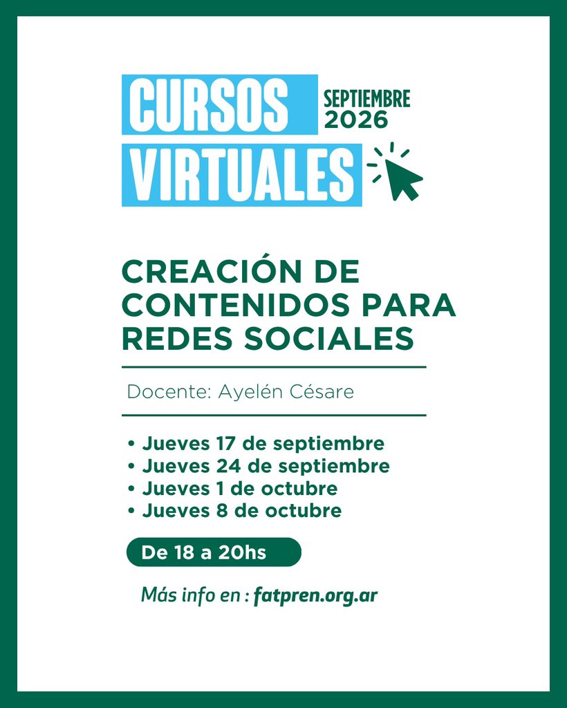 PrensaFATPREN's tweet photo. 📚EN SEPTIEMBRE: VUELVEN LOS CURSOS VIRTUALES 

✍️Taller de crónica con @MDYaccar
🎥Nuevas técnicas de grabación con @jzamudio85
📲Creación de contenido para rr ss con @ayicesarita_

🔗Info + inscripción⤵️
infoprensa@fatpren.org.ar https://t.co/HHdQDNqGit