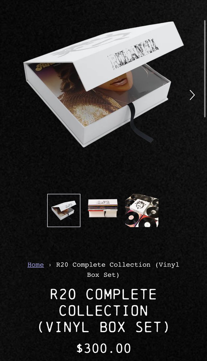 kasandraalexis_'s tweet photo. Rihanna is selling a vinyl box set of her entire catalog for $300. this is a reasonable price, plus it’s limited to 1000. https://t.co/PSef9cayuE