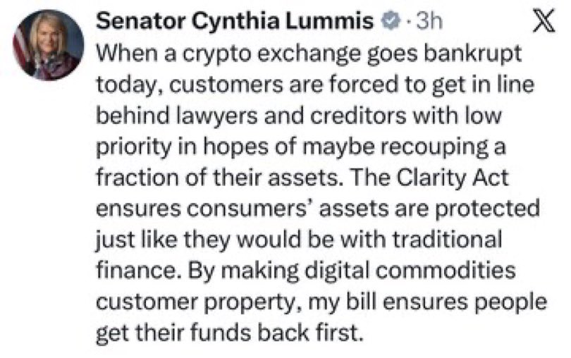 Digitalassete's tweet photo. 🇺🇸 JUST IN: U.S. SENATOR CYNTHIA LUMMIS SAYS THAT CONSUMERS’ ASSETS ARE PROTECTED UNDER THE CLARITY ACT:

„BY MAKING DIGITAL COMMODITIES CUSTOMER PROPERTY, MY BILL ENSURES PEOPLE GET THEIR FUNDS BACK FIRST!“ 💸 https://t.co/k0jXBbGgIo