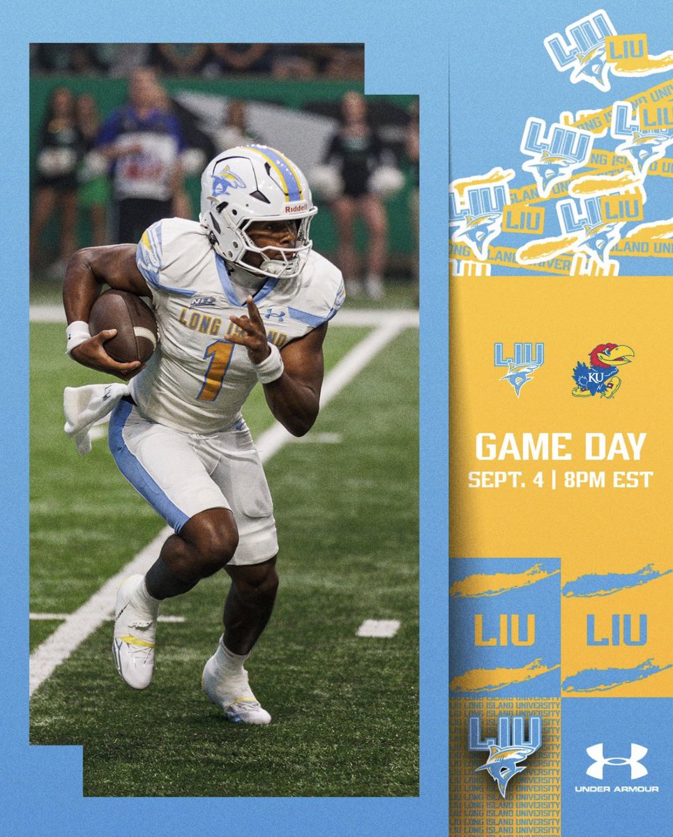 AntMorello's tweet photo. Gameday. LIU vs Kansas. 

Official LIU Radio Broadcast- https://t.co/l7kVNEb2AW 

I’ll be joined with @grening_joshua as always and will take you through tonight’s action! 

#FinsUp https://t.co/pRkZsJDaGO