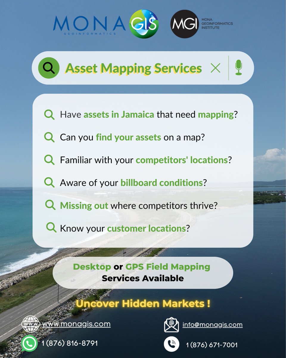 MGIMona's tweet photo. Unlock the potential of your assets with MGI's expert mapping services!
#AssetMapping #LocationIntelligence #MGI #GIS #GPS
Contact Us
Contact us for more information:
Email: info@monagis.com
Web: https://t.co/LIlNeHLkN5
Phone: 876-816-8791 / 876-671-7001
Socials: @MGIMona https://t.co/DVn4bMqWHY