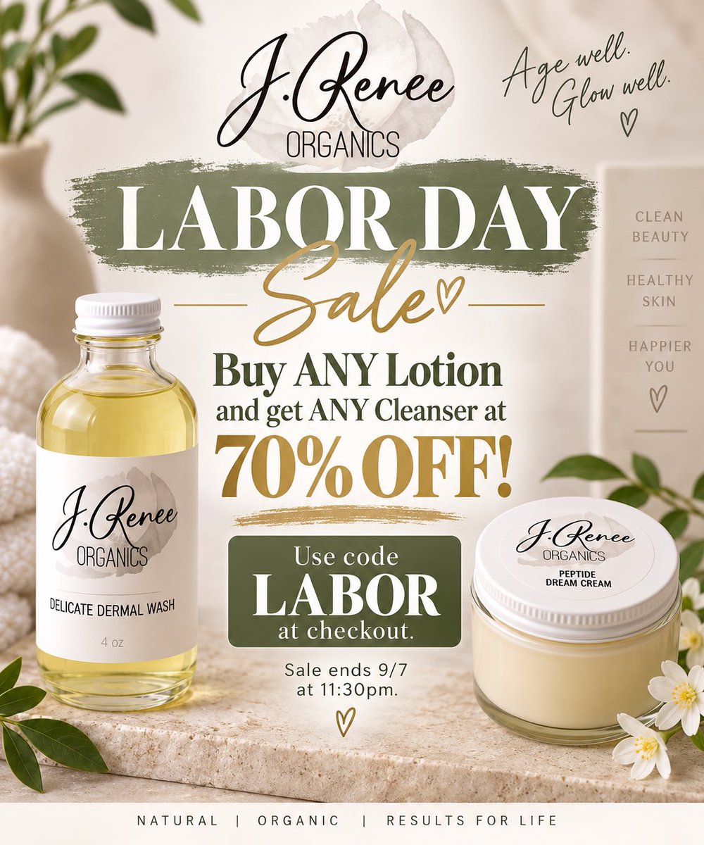 JReneeOrganics's tweet photo. Buy any face lotion and get any cleanser for 70% off! Use code LABOR at checkout. #laborday #sale #skincare #beauty #holidayweekend #usa https://t.co/XUUqII4YIk