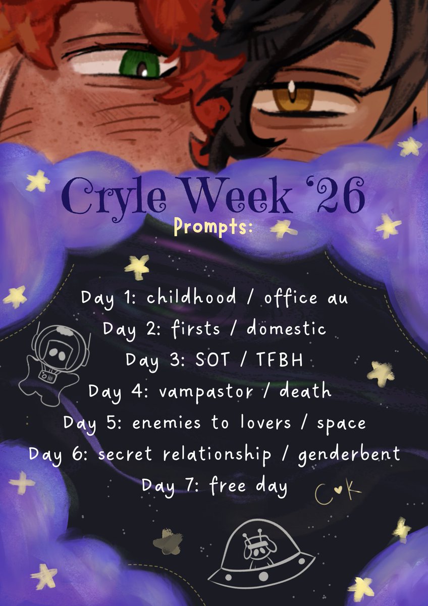 cryleweek2026's tweet photo. hello, crylings!! the ship has landed and these are the prompts for this year’s cryle week! 🚀⭐️📚 i hope to see you there and have fun! 

special thank you to @chyseceikk for making this beautiful drawing for cryle week 💙💚 https://t.co/pt8LnrXf6h