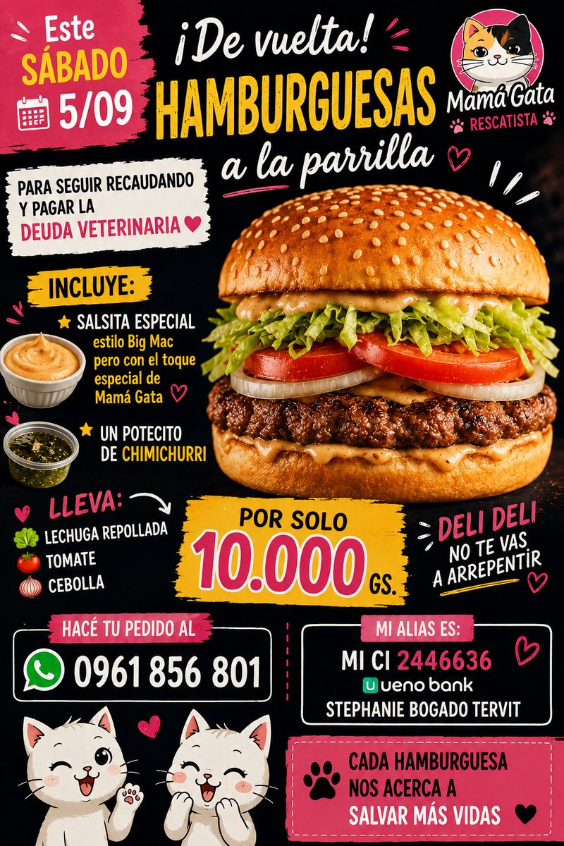 TiFaNiiii's tweet photo. Mañana hay hamburgueseada en casa todo a beneficio! 
La deuda de los rescataditos sigue un poco alta.. y así no le puedo ayudar a nadie...
Cuando esa deuda se liquide, ahí recién puedo pensar en buscar respaldo veterinario.. 
Hagan que sus pedidos y pasen a buscar! ⭐ https://t.co/D9cnNor1Ss