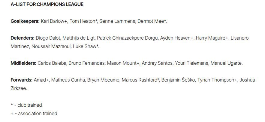 KINGZWINEX197's tweet photo. 🚨🚨|OFFICIAL: Manchester United’s A-list squad for Champions League:

Note: Players born after January 1, 2005 who have played for at least two years at the club (like Kobbie Mainoo and Leny Yoro) will be registered on list B.
But how has Lamine Yamal been making the list pls 😒 https://t.co/NUlHokcSEh