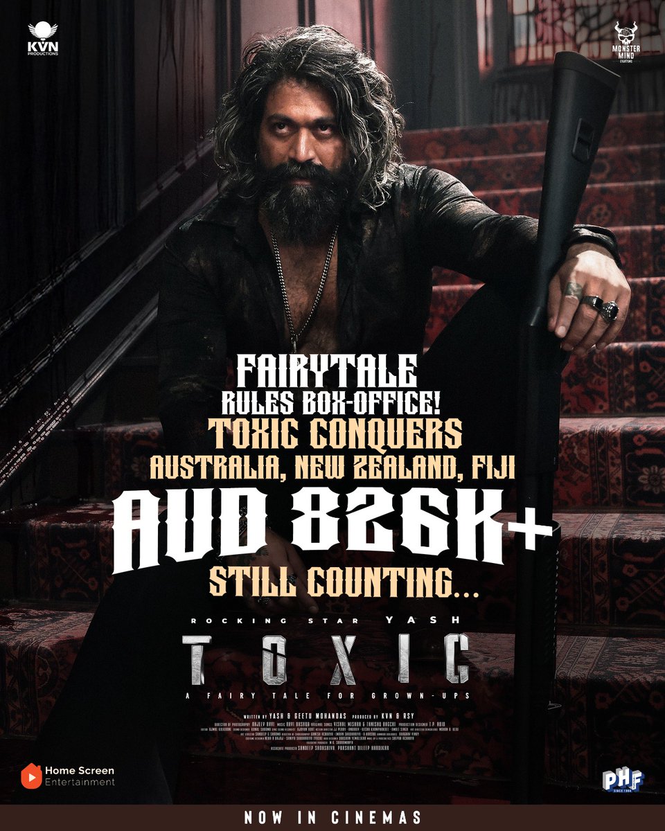 homescreenent's tweet photo. Unstoppable at the box office! 🔥👑 

#Toxic crosses AUD 850K+ across Australia, New Zealand, Fiji &amp; Papua New Guinea.

@PharsFilm @TheNameIsYash @Toxic_themovie @KvnProductions https://t.co/BQciVIwOkV