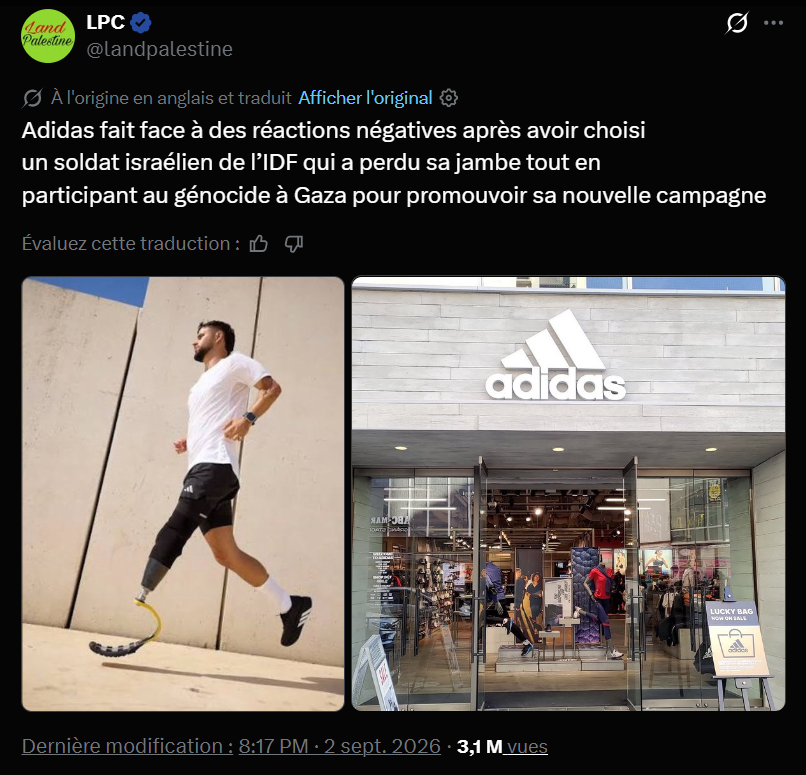 NewsTrustMedia's tweet photo. #BoycottAddidas #BoycottIsraël #BDS https://t.co/1KSXc8Gdnn